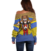 Swaziland Off Shoulder Sweater Coat of Arms Lion Elephant Shield Leopard Print Design