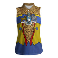Swaziland Women Sleeveless Polo Shirt Coat of Arms Lion Elephant Shield Leopard Print Design