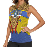 Swaziland Women Sleeveless Polo Shirt Coat of Arms Lion Elephant Shield Leopard Print Design