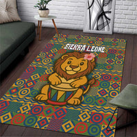 Sierra Leone Area Rug with Cute Lion Playing Djembe Drum and Tribal Pattern Design