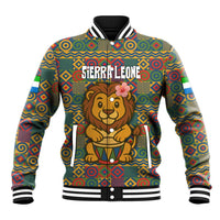 Sierra Leone Baseball Jacket with Cute Lion Playing Djembe Drum and Tribal Pattern Design