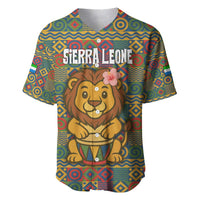 Sierra Leone Baseball Jersey with Cute Lion Playing Djembe Drum and Tribal Pattern Design