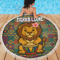 Sierra Leone Beach Blanket with Cute Lion Playing Djembe Drum and Tribal Pattern Design