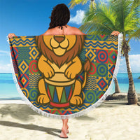 Sierra Leone Beach Blanket with Cute Lion Playing Djembe Drum and Tribal Pattern Design