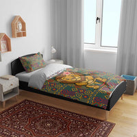 Sierra Leone Bedding Set with Cute Lion Playing Djembe Drum and Tribal Pattern Design