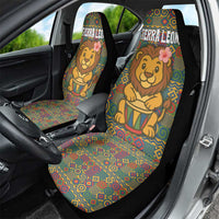 Sierra Leone Car Seat Cover with Cute Lion Playing Djembe Drum and Tribal Pattern Design