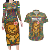 Sierra Leone Couples Matching Long Sleeve Bodycon Dress and Hawaiian Shirt with Cute Lion Playing Djembe Drum and Tribal Pattern Design