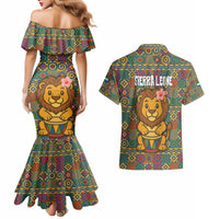 Sierra Leone Couples Matching Mermaid Dress and Hawaiian Shirt with Cute Lion Playing Djembe Drum and Tribal Pattern Design