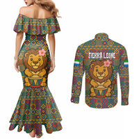 Sierra Leone Couples Matching Mermaid Dress and Long Sleeve Button Shirt with Cute Lion Playing Djembe Drum and Tribal Pattern Design