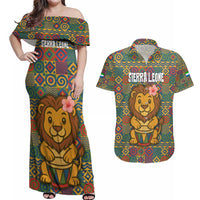Sierra Leone Couples Matching Off Shoulder Maxi Dress and Hawaiian Shirt with Cute Lion Playing Djembe Drum and Tribal Pattern Design
