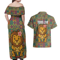 Sierra Leone Couples Matching Off Shoulder Maxi Dress and Hawaiian Shirt with Cute Lion Playing Djembe Drum and Tribal Pattern Design