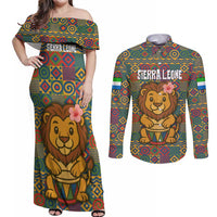 Sierra Leone Couples Matching Off Shoulder Maxi Dress and Long Sleeve Button Shirt with Cute Lion Playing Djembe Drum and Tribal Pattern Design