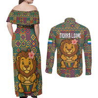 Sierra Leone Couples Matching Off Shoulder Maxi Dress and Long Sleeve Button Shirt with Cute Lion Playing Djembe Drum and Tribal Pattern Design