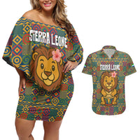 Sierra Leone Couples Matching Off Shoulder Short Dress and Hawaiian Shirt with Cute Lion Playing Djembe Drum and Tribal Pattern Design