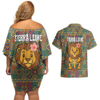 Sierra Leone Couples Matching Off Shoulder Short Dress and Hawaiian Shirt with Cute Lion Playing Djembe Drum and Tribal Pattern Design