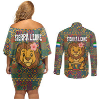 Sierra Leone Couples Matching Off Shoulder Short Dress and Long Sleeve Button Shirt with Cute Lion Playing Djembe Drum and Tribal Pattern Design