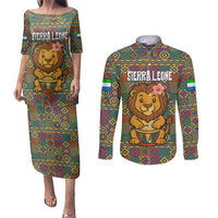 Sierra Leone Couples Matching Puletasi and Long Sleeve Button Shirt with Cute Lion Playing Djembe Drum and Tribal Pattern Design