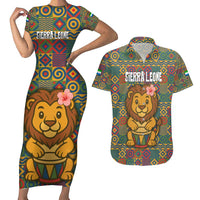Sierra Leone Couples Matching Short Sleeve Bodycon Dress and Hawaiian Shirt with Cute Lion Playing Djembe Drum and Tribal Pattern Design