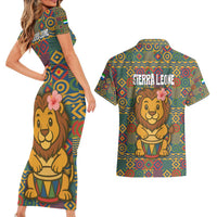 Sierra Leone Couples Matching Short Sleeve Bodycon Dress and Hawaiian Shirt with Cute Lion Playing Djembe Drum and Tribal Pattern Design