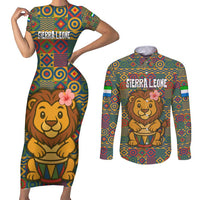 Sierra Leone Couples Matching Short Sleeve Bodycon Dress and Long Sleeve Button Shirt with Cute Lion Playing Djembe Drum and Tribal Pattern Design