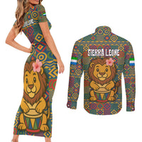 Sierra Leone Couples Matching Short Sleeve Bodycon Dress and Long Sleeve Button Shirt with Cute Lion Playing Djembe Drum and Tribal Pattern Design
