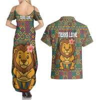 Sierra Leone Couples Matching Summer Maxi Dress and Hawaiian Shirt with Cute Lion Playing Djembe Drum and Tribal Pattern Design