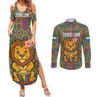 Sierra Leone Couples Matching Summer Maxi Dress and Long Sleeve Button Shirt with Cute Lion Playing Djembe Drum and Tribal Pattern Design