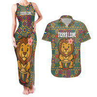 Sierra Leone Couples Matching Tank Maxi Dress and Hawaiian Shirt with Cute Lion Playing Djembe Drum and Tribal Pattern Design