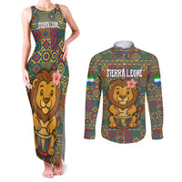 Sierra Leone Couples Matching Tank Maxi Dress and Long Sleeve Button Shirt with Cute Lion Playing Djembe Drum and Tribal Pattern Design