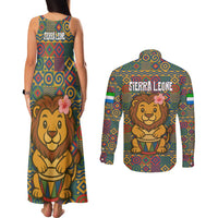 Sierra Leone Couples Matching Tank Maxi Dress and Long Sleeve Button Shirt with Cute Lion Playing Djembe Drum and Tribal Pattern Design
