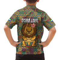 Sierra Leone Family Matching Off Shoulder Short Dress and Hawaiian Shirt with Cute Lion Playing Djembe Drum and Tribal Pattern Design