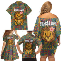 Sierra Leone Family Matching Off Shoulder Short Dress and Hawaiian Shirt with Cute Lion Playing Djembe Drum and Tribal Pattern Design