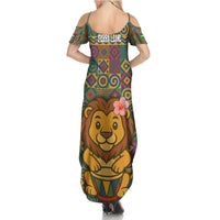 Sierra Leone Family Matching Summer Maxi Dress and Hawaiian Shirt with Cute Lion Playing Djembe Drum and Tribal Pattern Design