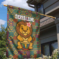 Sierra Leone Garden Flag with Cute Lion Playing Djembe Drum and Tribal Pattern Design