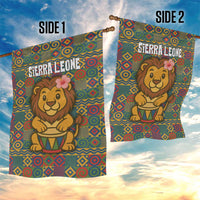 Sierra Leone Garden Flag with Cute Lion Playing Djembe Drum and Tribal Pattern Design