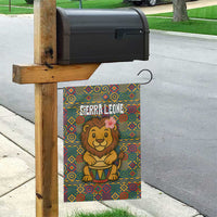 Sierra Leone Garden Flag with Cute Lion Playing Djembe Drum and Tribal Pattern Design