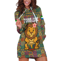 Sierra Leone Hoodie Dress with Cute Lion Playing Djembe Drum and Tribal Pattern Design