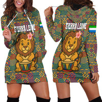 Sierra Leone Hoodie Dress with Cute Lion Playing Djembe Drum and Tribal Pattern Design