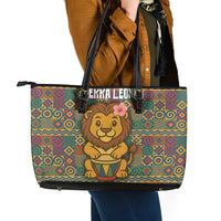 Sierra Leone Leather Tote Bag with Cute Lion Playing Djembe Drum and Tribal Pattern Design