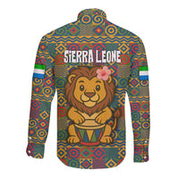 Sierra Leone Long Sleeve Button Shirt with Cute Lion Playing Djembe Drum and Tribal Pattern Design