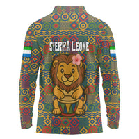 Sierra Leone Long Sleeve Polo Shirt with Cute Lion Playing Djembe Drum and Tribal Pattern Design