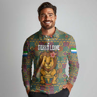Sierra Leone Long Sleeve Polo Shirt with Cute Lion Playing Djembe Drum and Tribal Pattern Design
