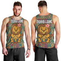 Sierra Leone Men Tank Top with Cute Lion Playing Djembe Drum and Tribal Pattern Design