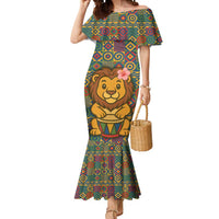 Sierra Leone Mermaid Dress with Cute Lion Playing Djembe Drum and Tribal Pattern Design
