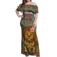 Sierra Leone Off Shoulder Maxi Dress with Cute Lion Playing Djembe Drum and Tribal Pattern Design