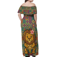 Sierra Leone Off Shoulder Maxi Dress with Cute Lion Playing Djembe Drum and Tribal Pattern Design
