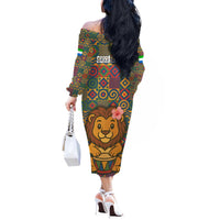 Sierra Leone Off The Shoulder Long Sleeve Dress with Cute Lion Playing Djembe Drum and Tribal Pattern Design