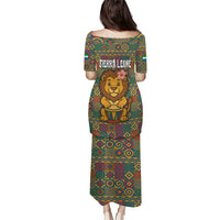 Sierra Leone Puletasi with Cute Lion Playing Djembe Drum and Tribal Pattern Design