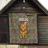 Sierra Leone Quilt with Cute Lion Playing Djembe Drum and Tribal Pattern Design