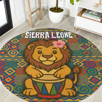 Sierra Leone Round Carpet with Cute Lion Playing Djembe Drum and Tribal Pattern Design